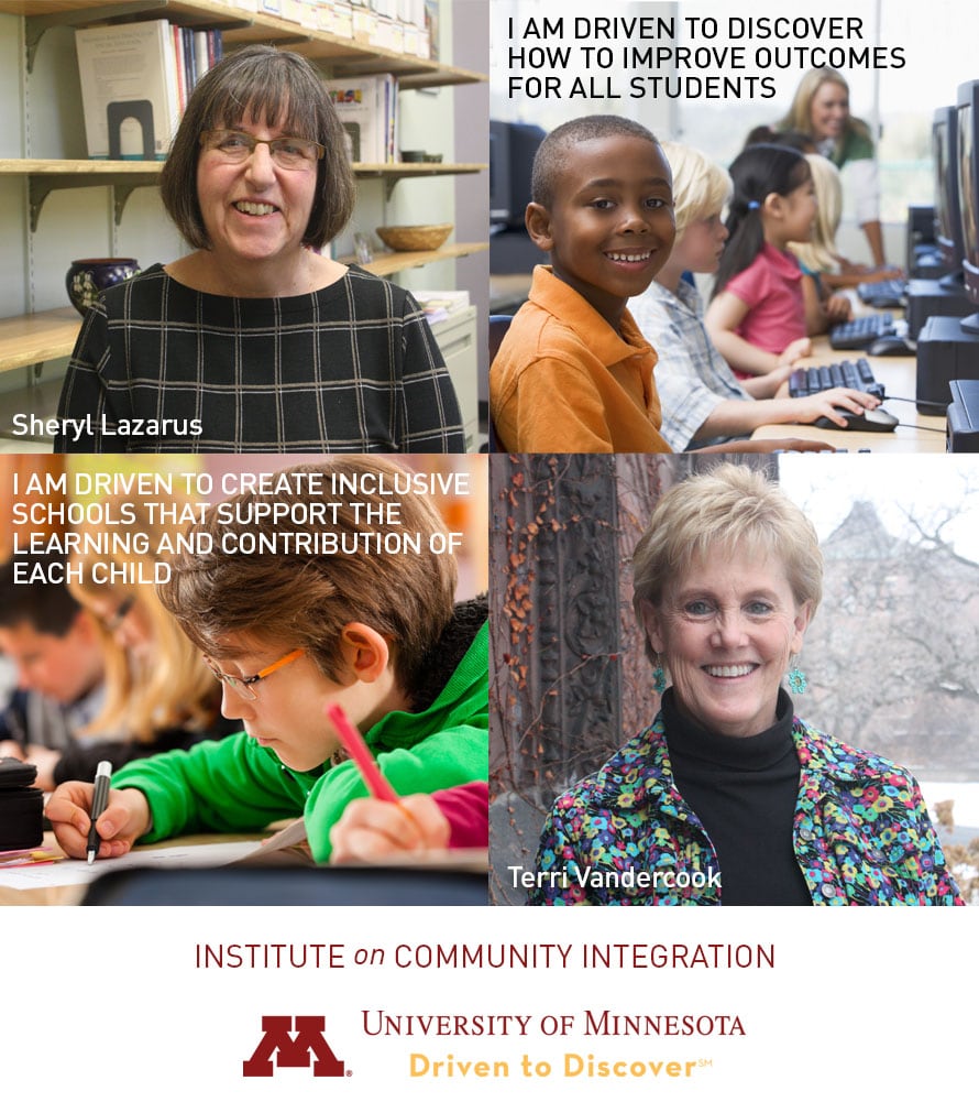 The heading "Community Living" is typed in a color bar across the top of a box. Below it are four photos representing two different areas of work in the Institute on Community Integration’s Community Living program area. The first pair of photos shows a close-up of Amy Hewitt on the left, and to the right is a picture of her seated on a stage with four other people engaging in discussion. The words over that righthand photo are I am driven to professionalize the direct support workforce.  Below that is a second pair of photos of John Smith. On the left is a photo of John working with his assistive computer equipment at his desk, and the words over that photo are I am driven to rethink what accessibility means. To the right of that photo is a close-up of John seated in a chair.